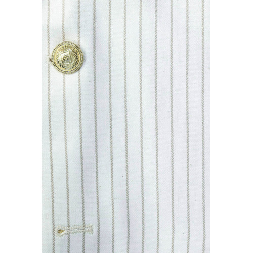 Ecru Striped Linen Gold Metal Button Slim Fit Men's Blazer Jacket - Chadrobe