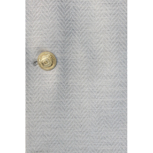 Light Grey Herringbone Pattern Gold Metal Button Slim Fit Men's Blazer Jacket - Chadrobe