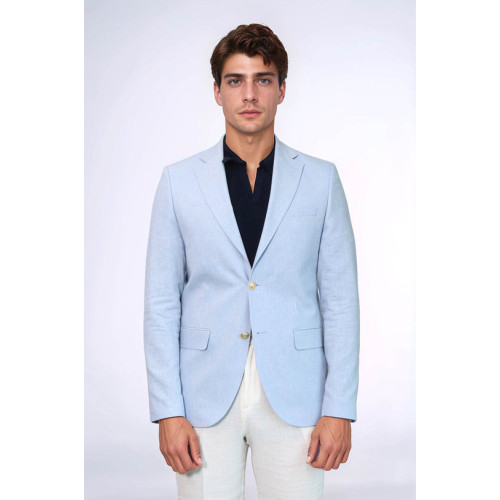 Light Blue Textured Linen-Feel Gold Metal Button Slim Fit Men's Blazer Jacket - Chadrobe