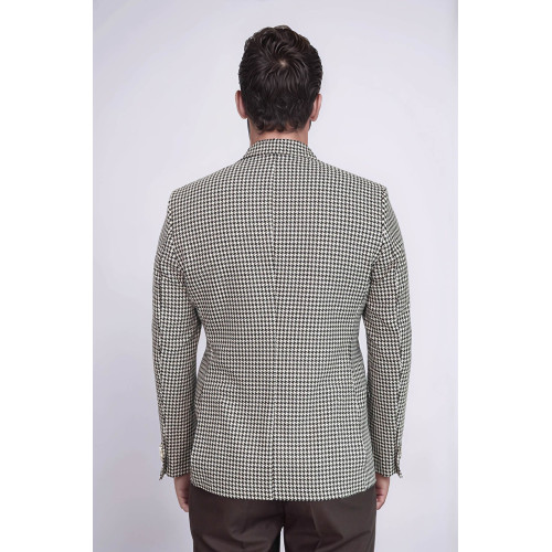 Black & Cream Houndstooth Pattern Gold Metal Button Slim Fit Men's Blazer Jacket - Chadrobe