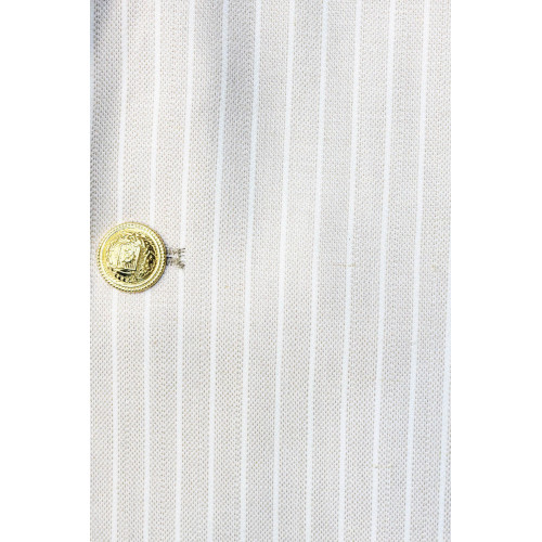 Cream Striped Linen Gold Metal Button Slim Fit Men's Blazer Jacket - Chadrobe