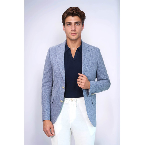 Dark Blue Textured Linen-Feel Gold Metal Button Slim Fit Men's Blazer Jacket - Chadrobe