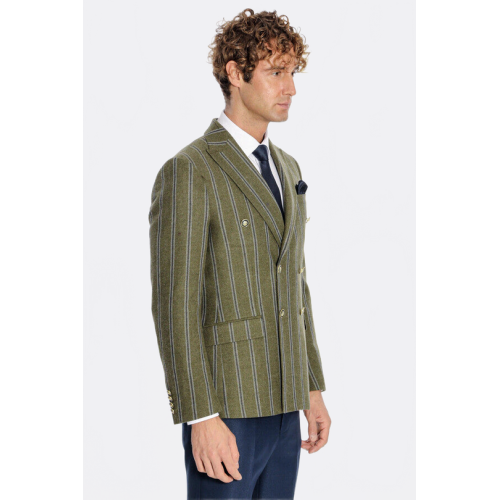 Wide Lapel Striped Double Breasted Green Men Blazer - Chadrobe