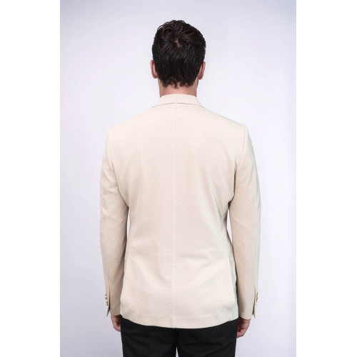 Beige Textured Gold Metal Button Slim Fit Men's Blazer Jacket - Chadrobe