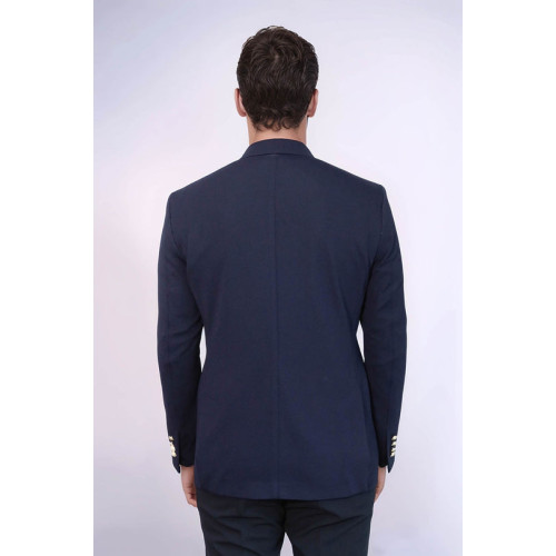 Navy Blue Textured Gold Metal Button Slim Fit Men's Blazer Jacket - Chadrobe
