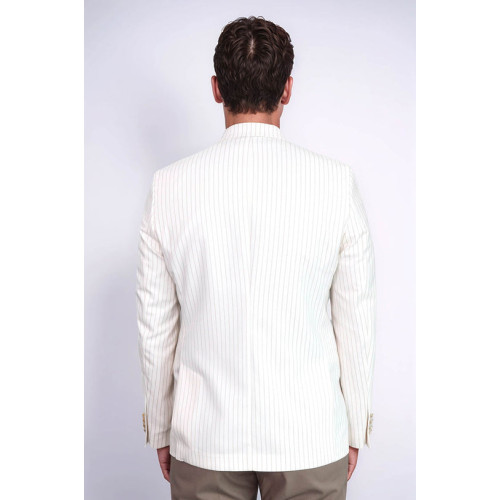 Ecru Striped Linen Gold Metal Button Slim Fit Men's Blazer Jacket - Chadrobe