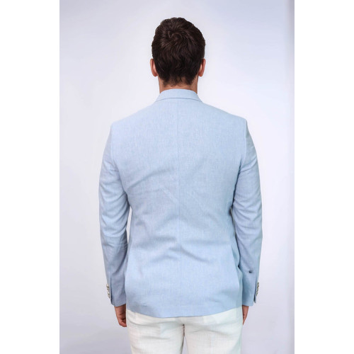 Light Blue Textured Linen-Feel Gold Metal Button Slim Fit Men's Blazer Jacket - Chadrobe