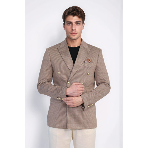 Sand Beige Pinstriped Slim Fit Double-Breasted Blazer with Gold Metal Buttons – Chadrobe