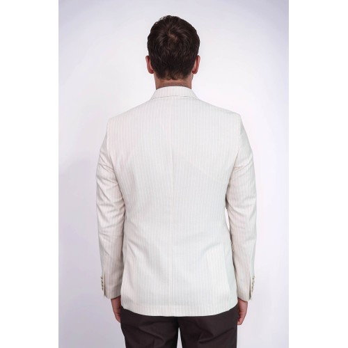 Cream Striped Linen Gold Metal Button Slim Fit Men's Blazer Jacket - Chadrobe