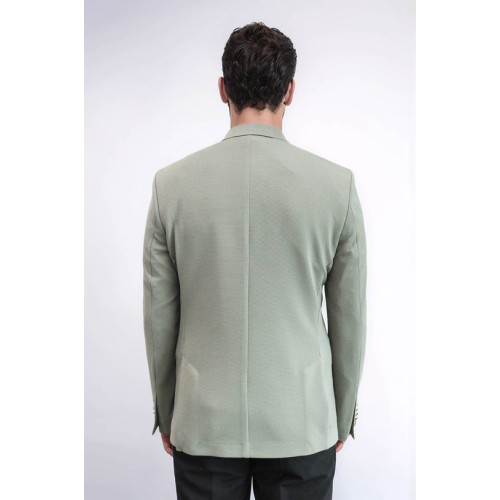 Sage Green Textured Gold Metal Button Slim Fit Men's Blazer Jacket - Chadrobe