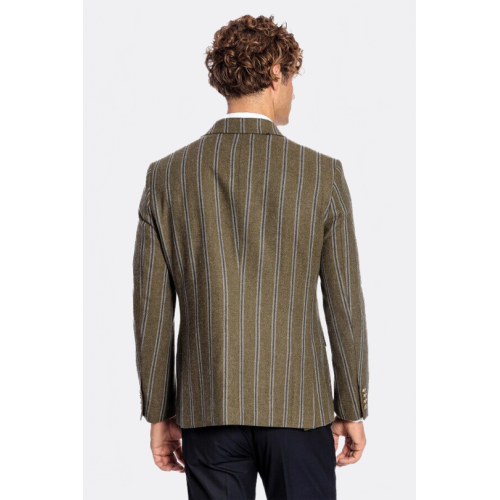 Wide Lapel Striped Double Breasted Green Men Blazer - Chadrobe