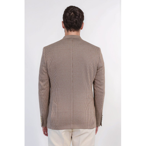 Sand Beige Pinstriped Slim Fit Double-Breasted Blazer with Gold Metal Buttons – Chadrobe