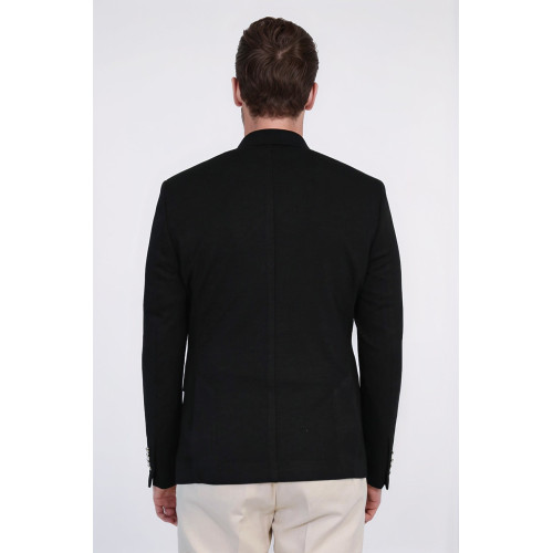 Black Solid Slim Fit Double-Breasted Blazer with Silver Metal Buttons – Chadrobe