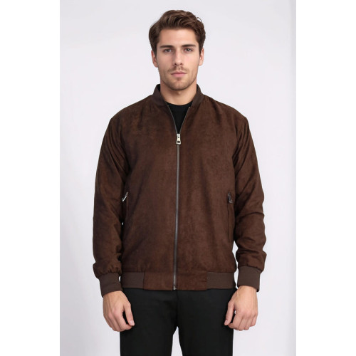 Plain Zippered Pockets Brown Men Bomber Coat