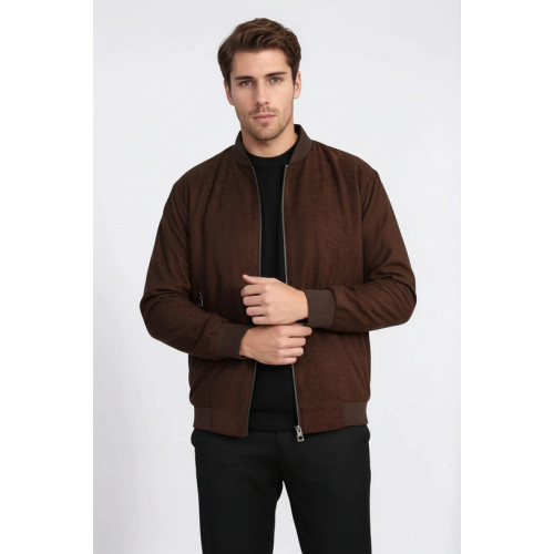 Plain Zippered Pockets Brown Men Bomber Coat