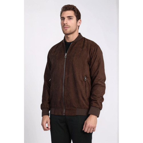 Plain Zippered Pockets Brown Men Bomber Coat