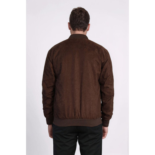 Plain Zippered Pockets Brown Men Bomber Coat