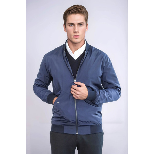 Flap Pockets Zippered  Men Bomber Coat | Blue