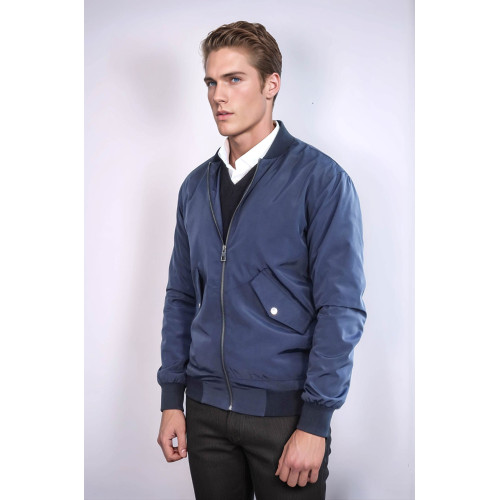 Flap Pockets Zippered  Men Bomber Coat | Blue