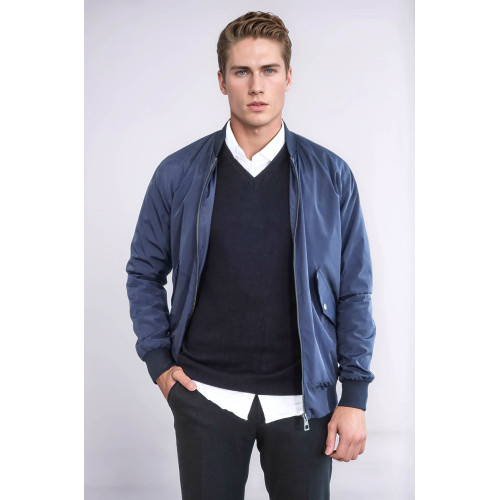 Flap Pockets Zippered  Men Bomber Coat | Blue