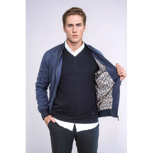 Flap Pockets Zippered  Men Bomber Coat | Blue