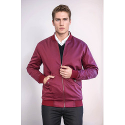 Burgundy Flap Pockets Zippered Men Bomber Coat