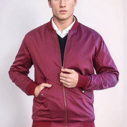 Burgundy Flap Pockets Zippered Men Bomber Coat