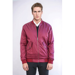 Burgundy Flap Pockets Zippered Men Bomber Coat