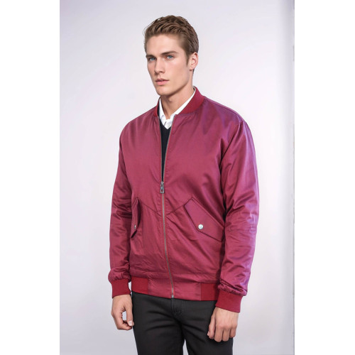 Burgundy Flap Pockets Zippered Men Bomber Coat