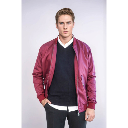 Burgundy Flap Pockets Zippered Men Bomber Coat