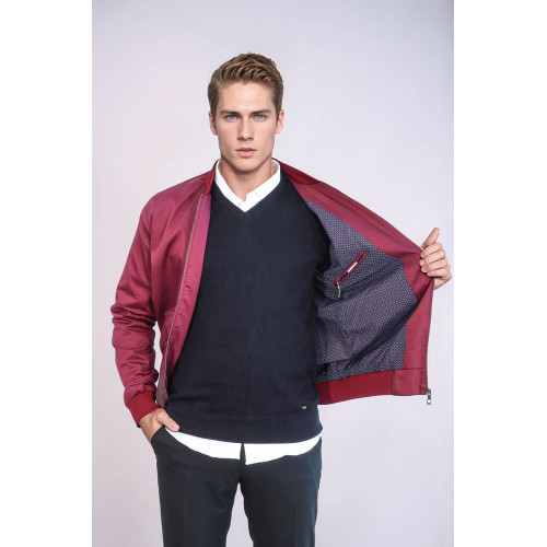 Burgundy Flap Pockets Zippered Men Bomber Coat