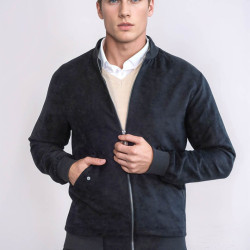 Flap Pockets Suede Black Men Bomber Coat