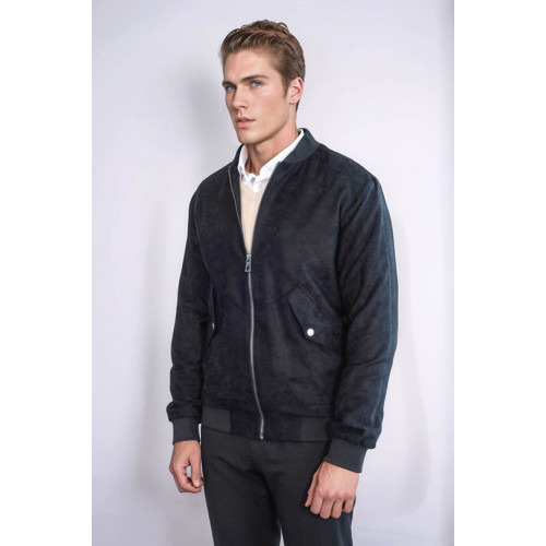 Flap Pockets Suede Black Men Bomber Coat