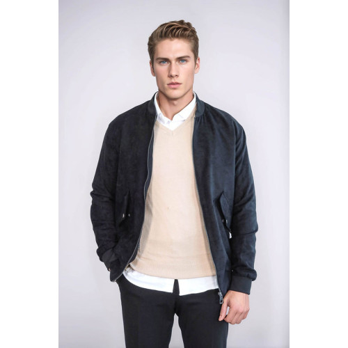 Flap Pockets Suede Black Men Bomber Coat
