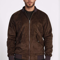 Flap Pockets Suede Brown Men Bomber Coat