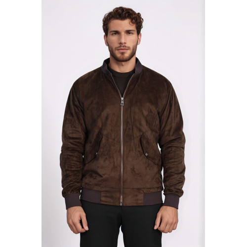 Flap Pockets Suede Brown Men Bomber Coat