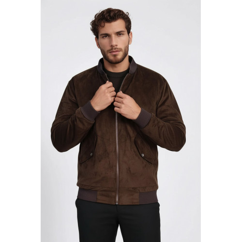 Flap Pockets Suede Brown Men Bomber Coat