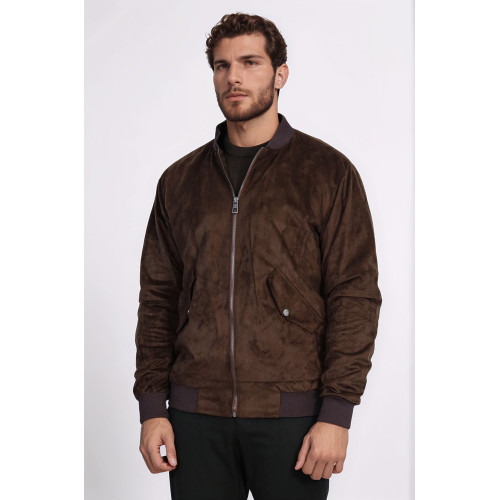 Flap Pockets Suede Brown Men Bomber Coat
