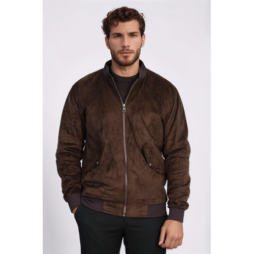 Flap Pockets Suede Brown Men Bomber Coat