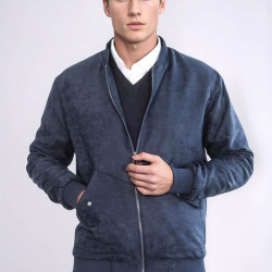 Flap Pockets Suede Men Bomber Coat | Dark Blue