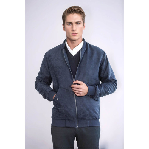 Flap Pockets Suede Men Bomber Coat | Dark Blue
