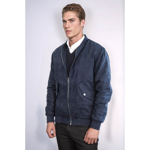 Flap Pockets Suede Men Bomber Coat | Dark Blue
