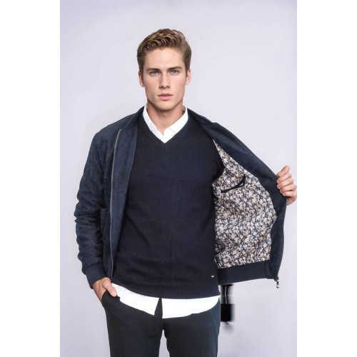 Flap Pockets Suede Men Bomber Coat | Dark Blue