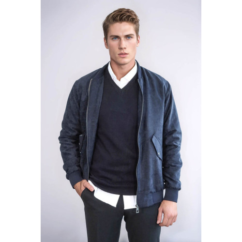 Flap Pockets Suede Men Bomber Coat | Dark Blue