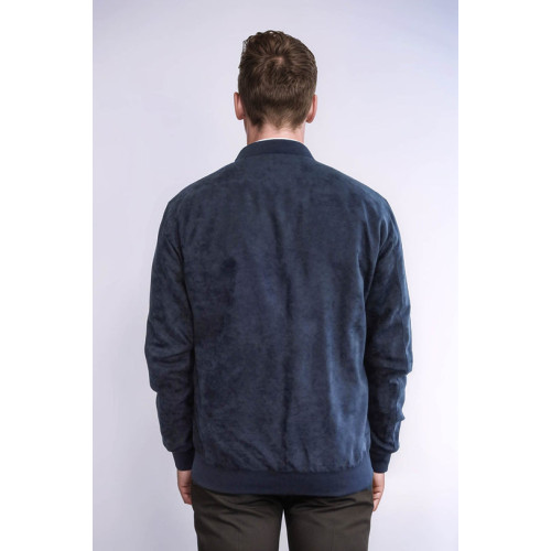 Flap Pockets Suede Men Bomber Coat | Dark Blue
