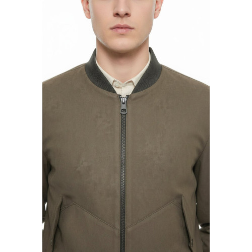Flap Pockets Suede Khaki Men Bomber Coat