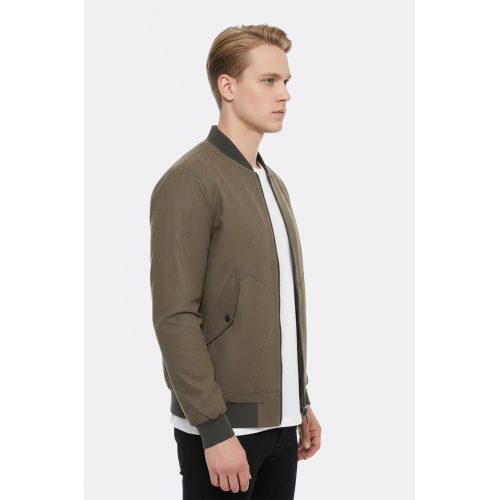 Flap Pockets Suede Khaki Men Bomber Coat