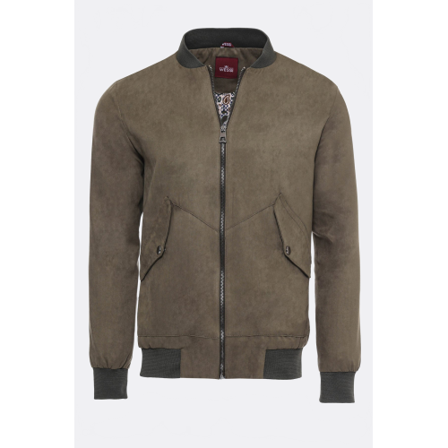 Flap Pockets Suede Khaki Men Bomber Coat