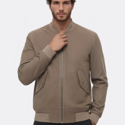 Flap Pockets Suede Light Brown Men Bomber Coat