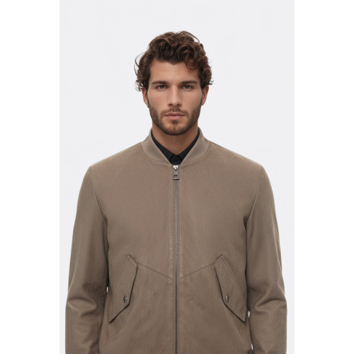 Flap Pockets Suede Light Brown Men Bomber Coat